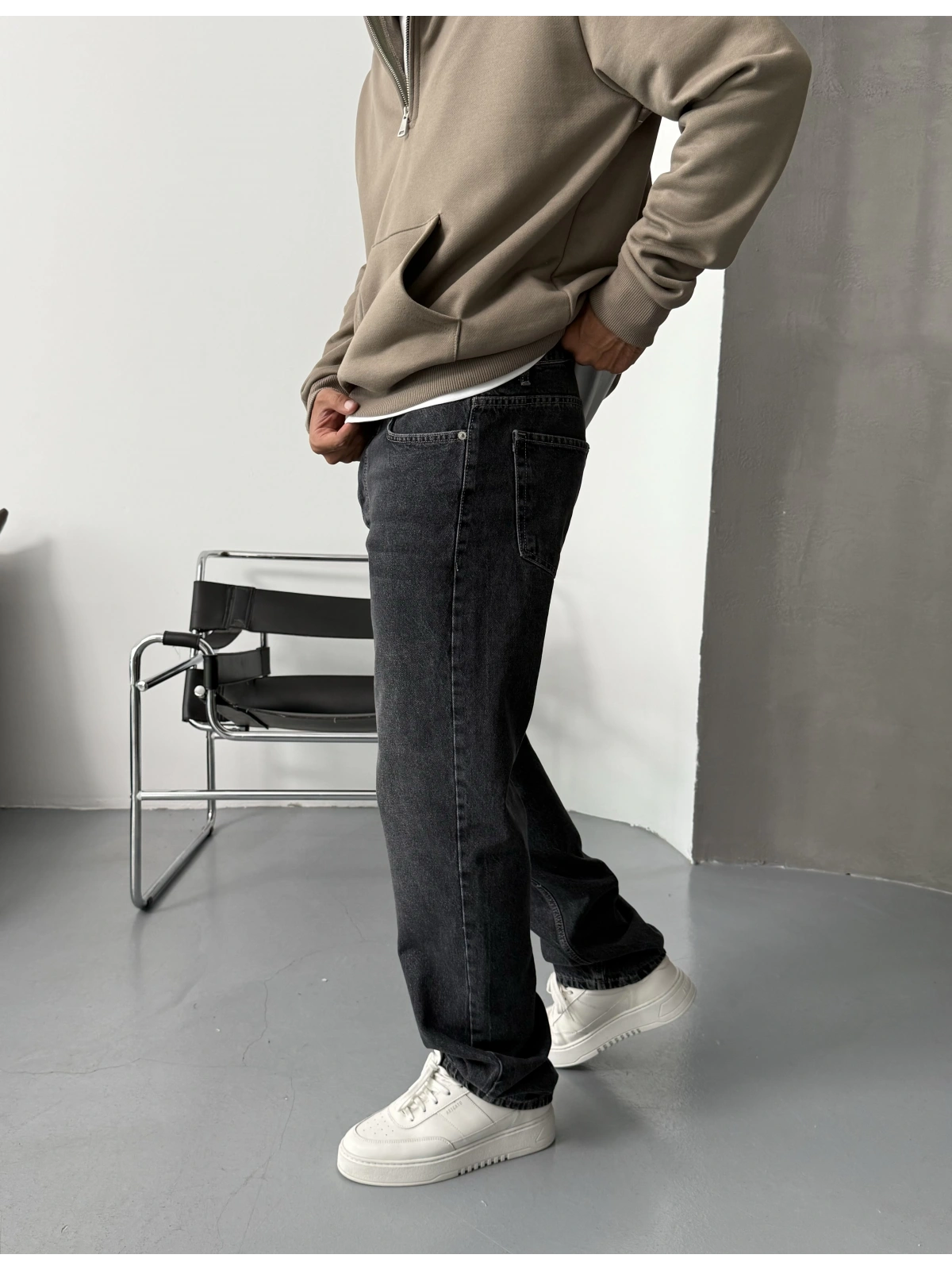 Eskitme Antrasit Denim Bol Kalıp Baggy