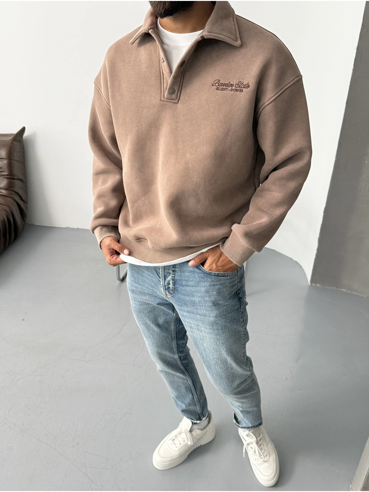 Sütlü Kahve Polo Yaka Oversize Sweat