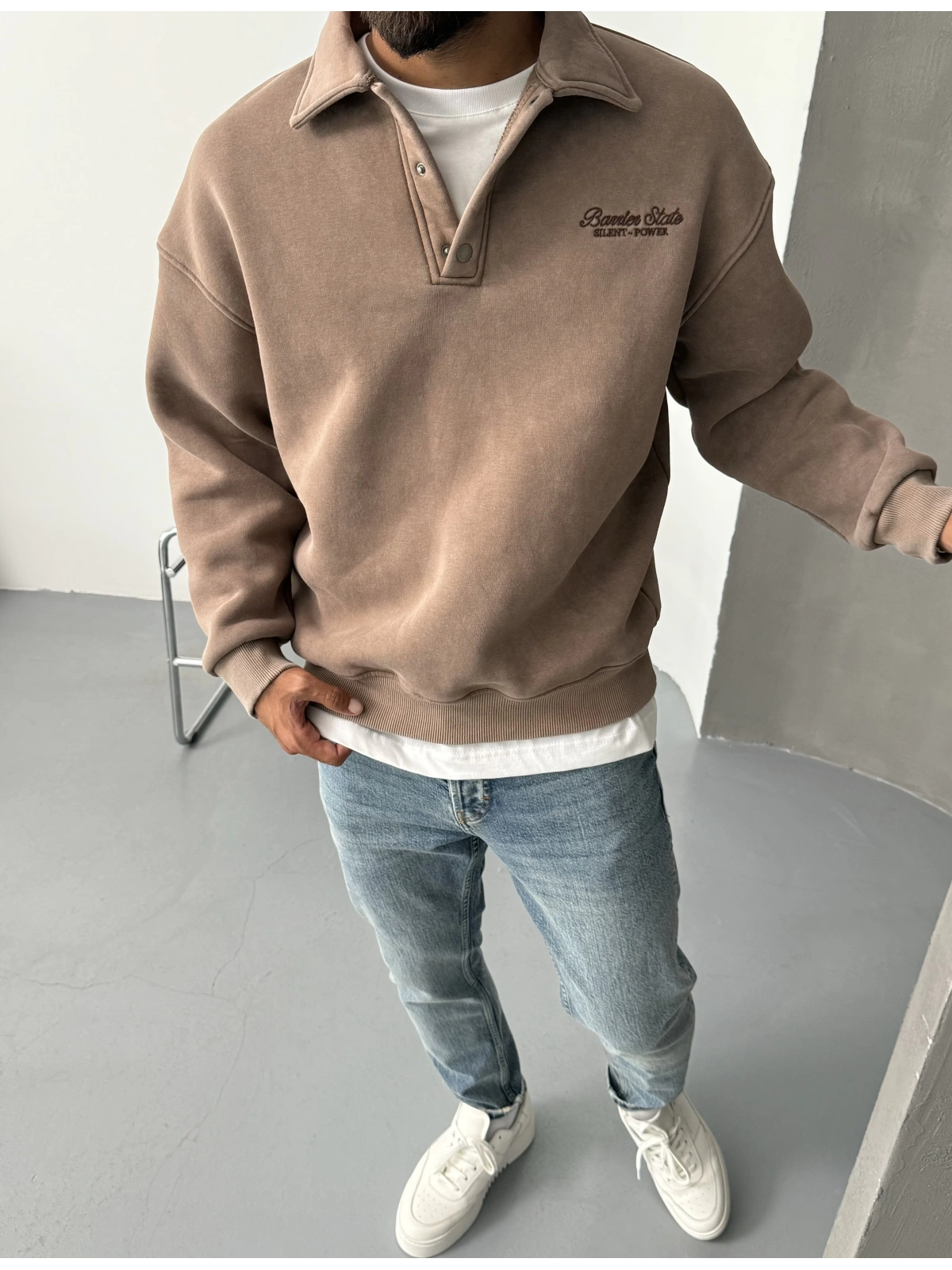 Sütlü Kahve Polo Yaka Oversize Sweat