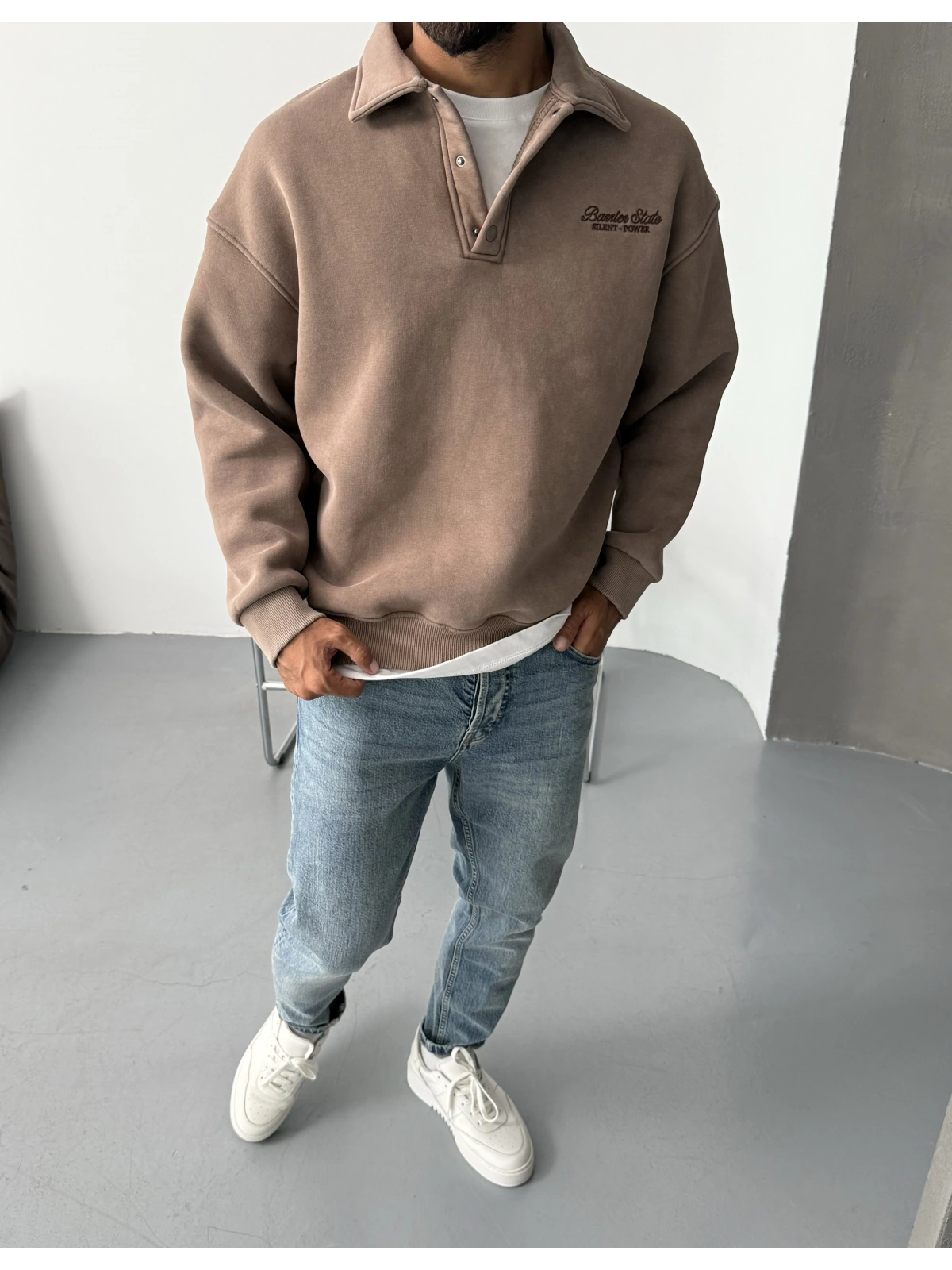 Sütlü Kahve Polo Yaka Oversize Sweat
