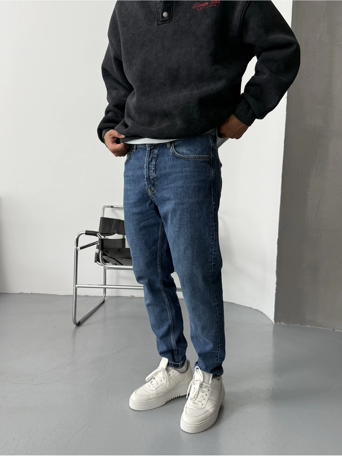 Koyu Mavi Yıkamalı Denim Boyfriend