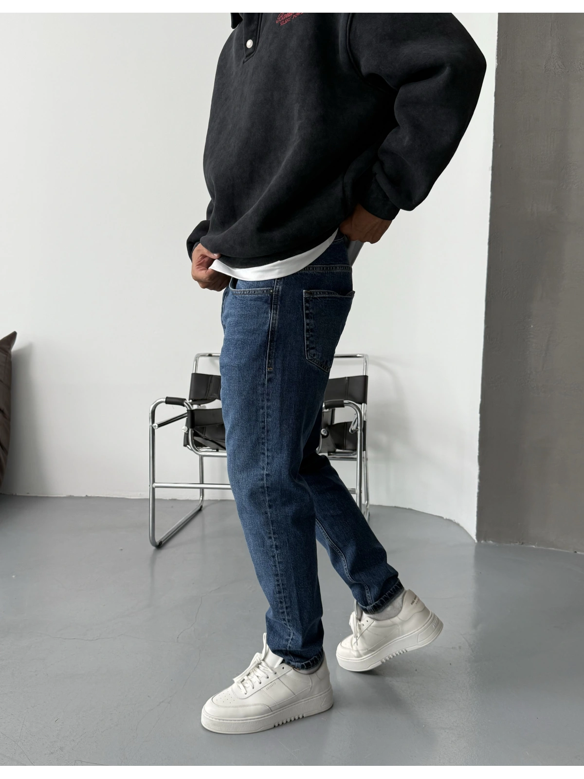 Koyu Mavi Yıkamalı Denim Boyfriend