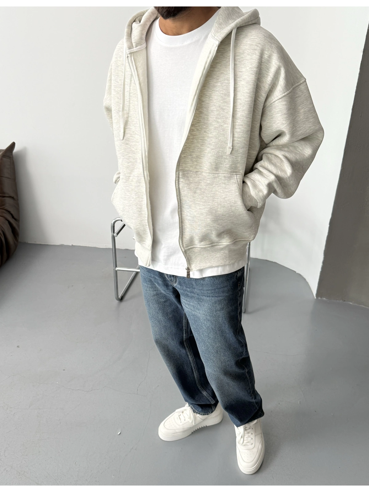 Premium Gri Melange Kapişonlu Oversize Hırka