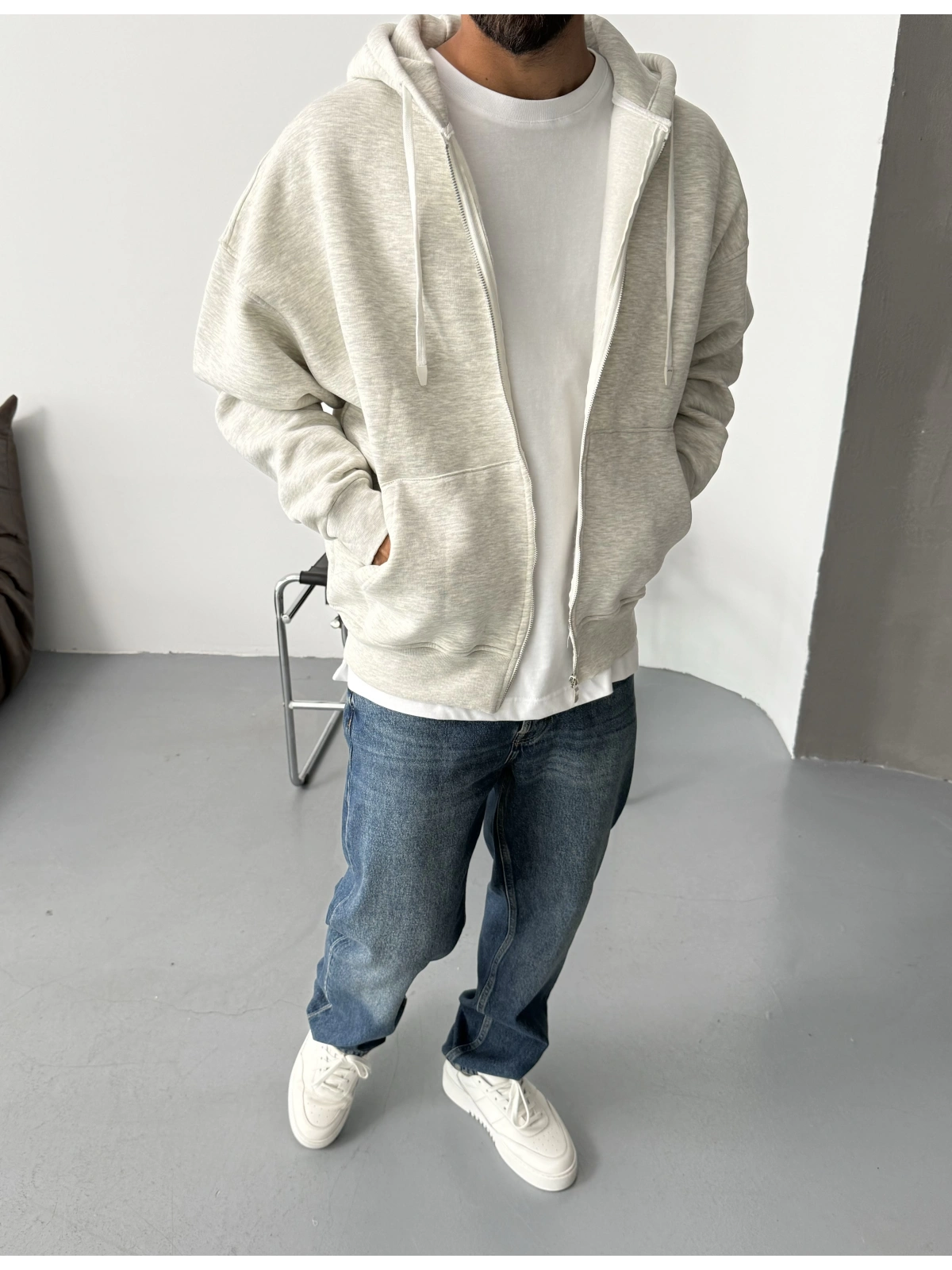 Premium Gri Melange Kapişonlu Oversize Hırka