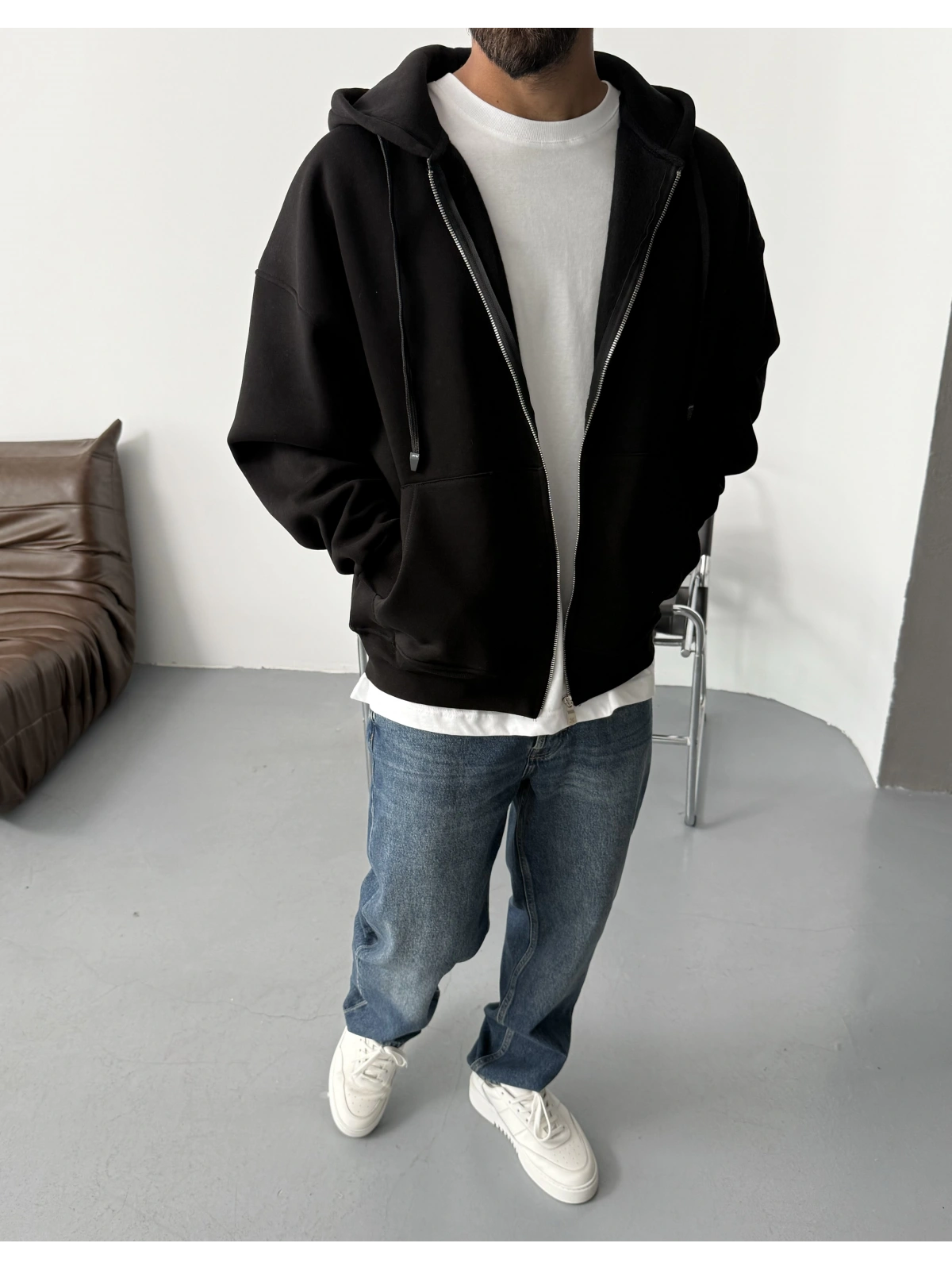 Premium Siyah Kapişonlu Oversize Hırka