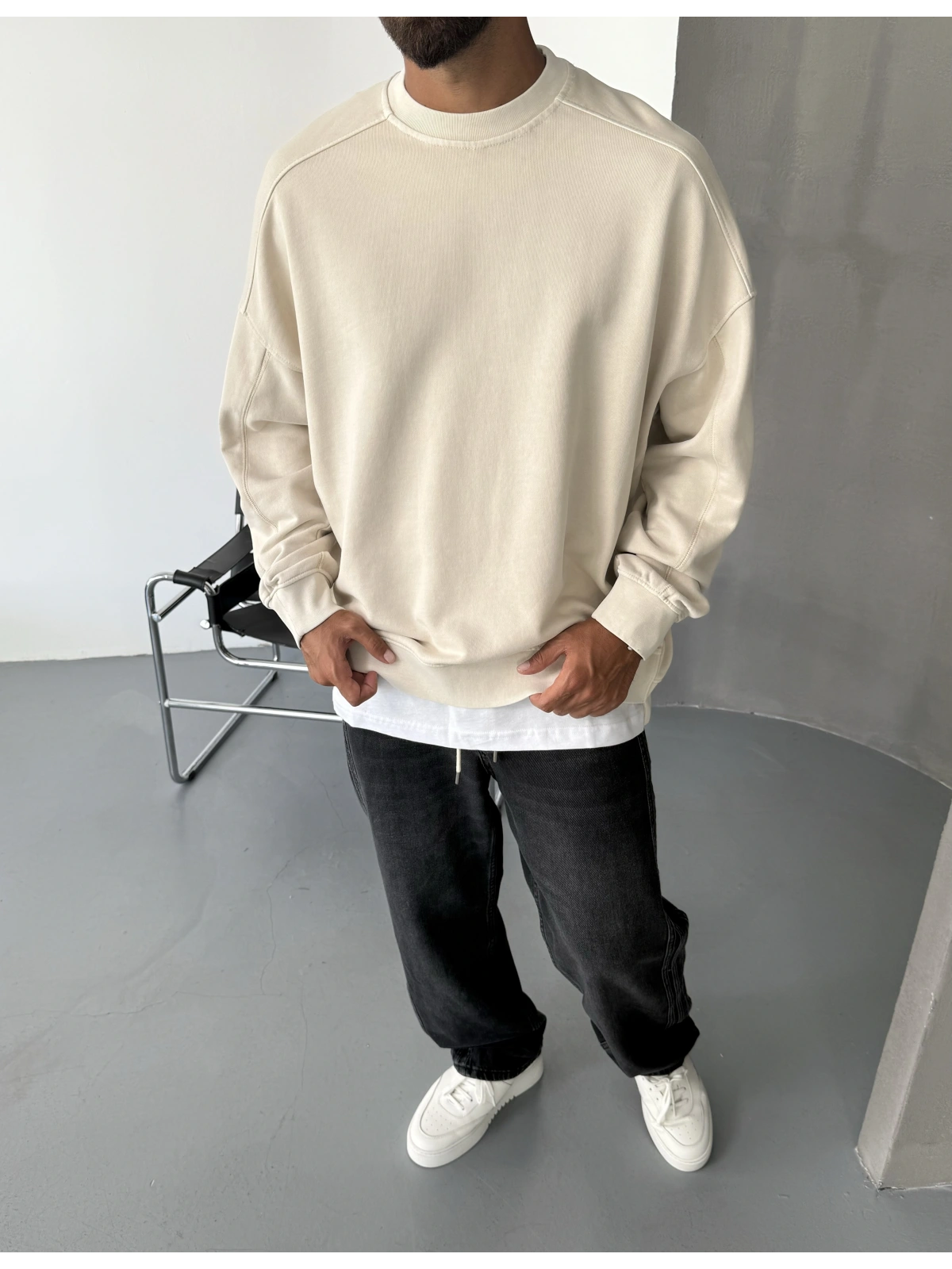 Krem Yıkamalı Premium Bisiklet Yaka Sweatshirt