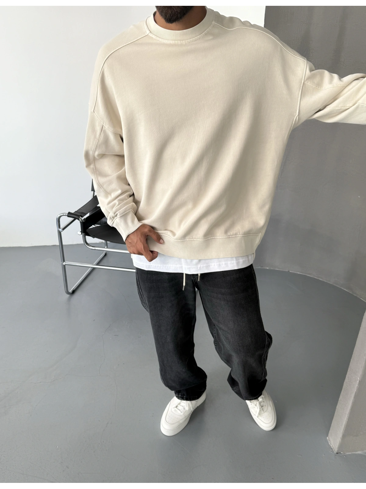 Krem Yıkamalı Premium Bisiklet Yaka Sweatshirt