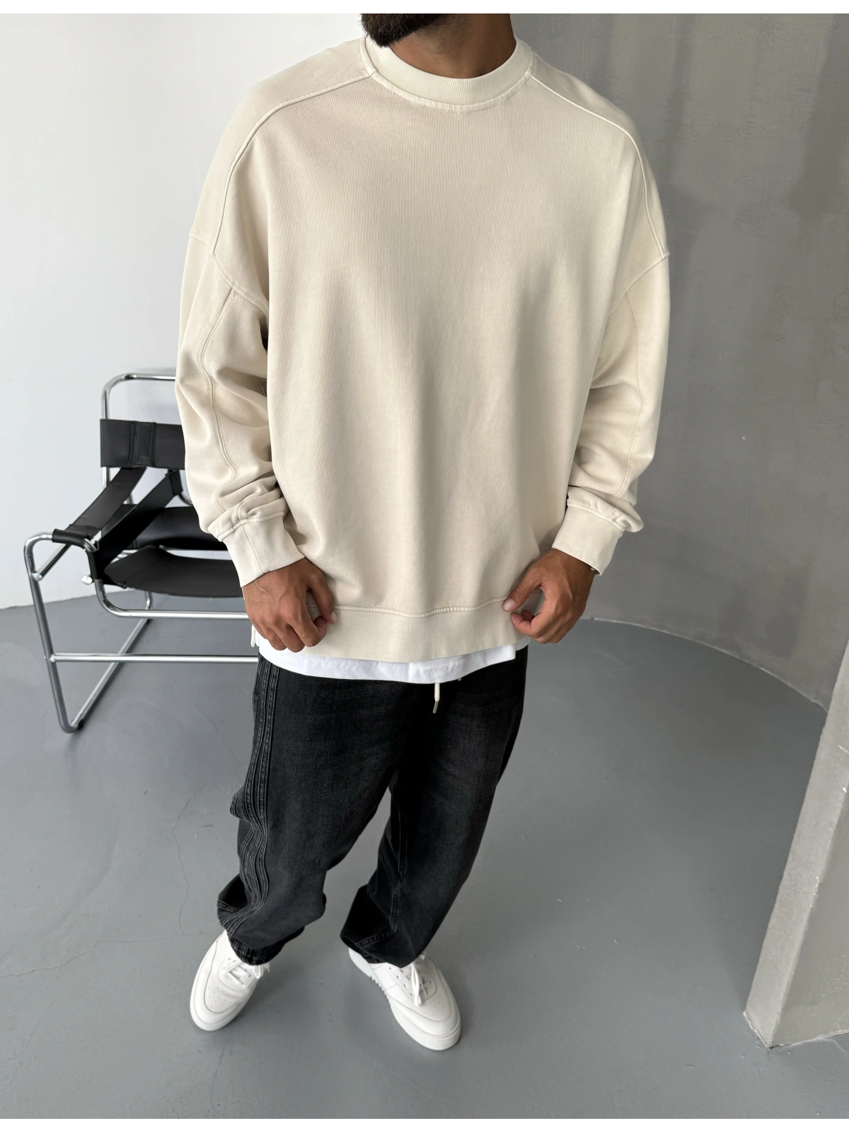 Krem Yıkamalı Premium Bisiklet Yaka Sweatshirt
