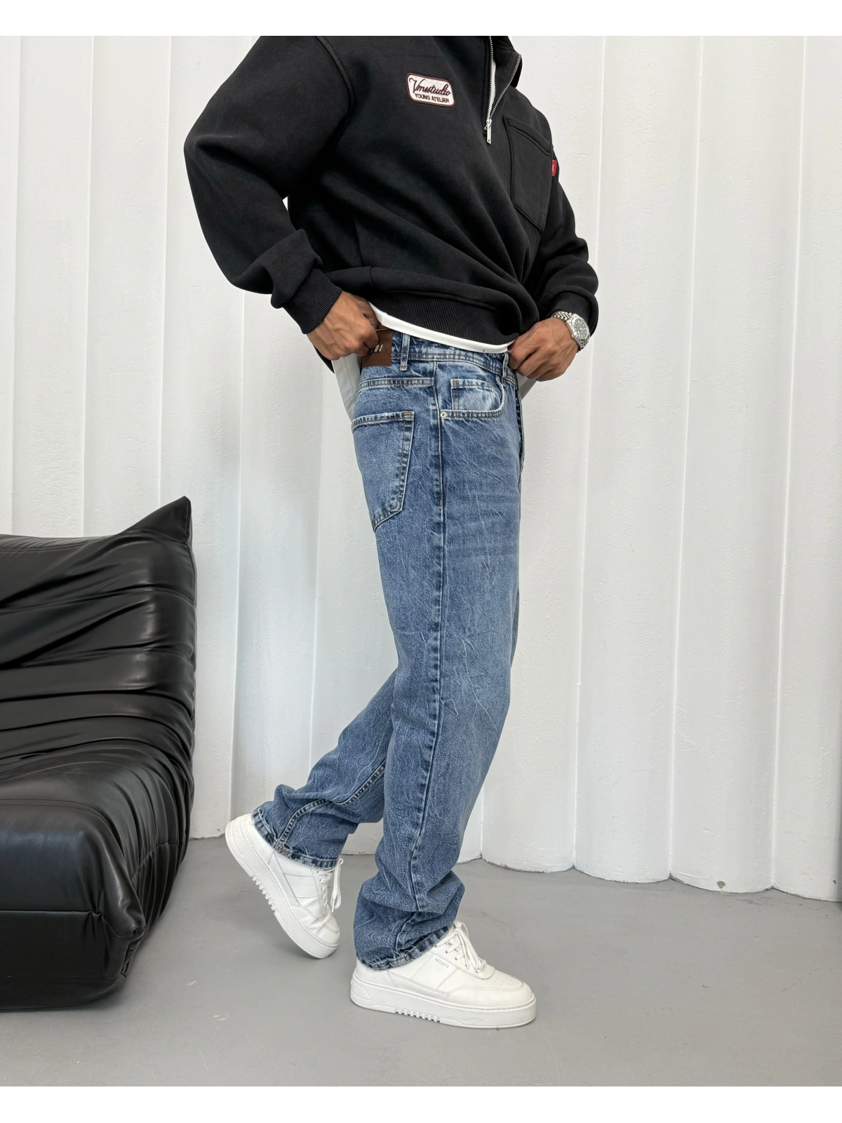 Mavi Yıkama Detay Baggy Jean