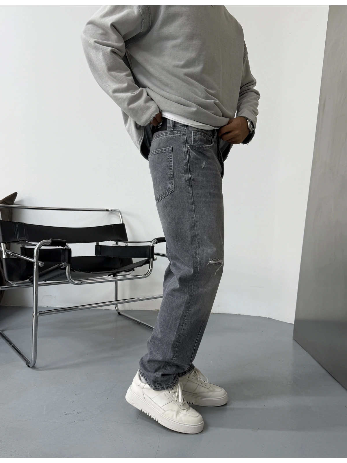Gri Eskitme Bol Kalıp Baggy Jean