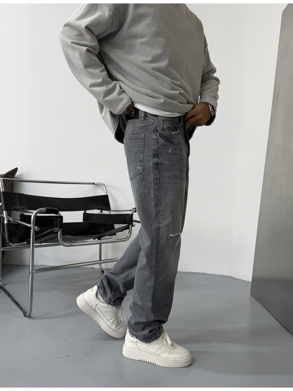 Gri Eskitme Bol Kalıp Baggy Jean