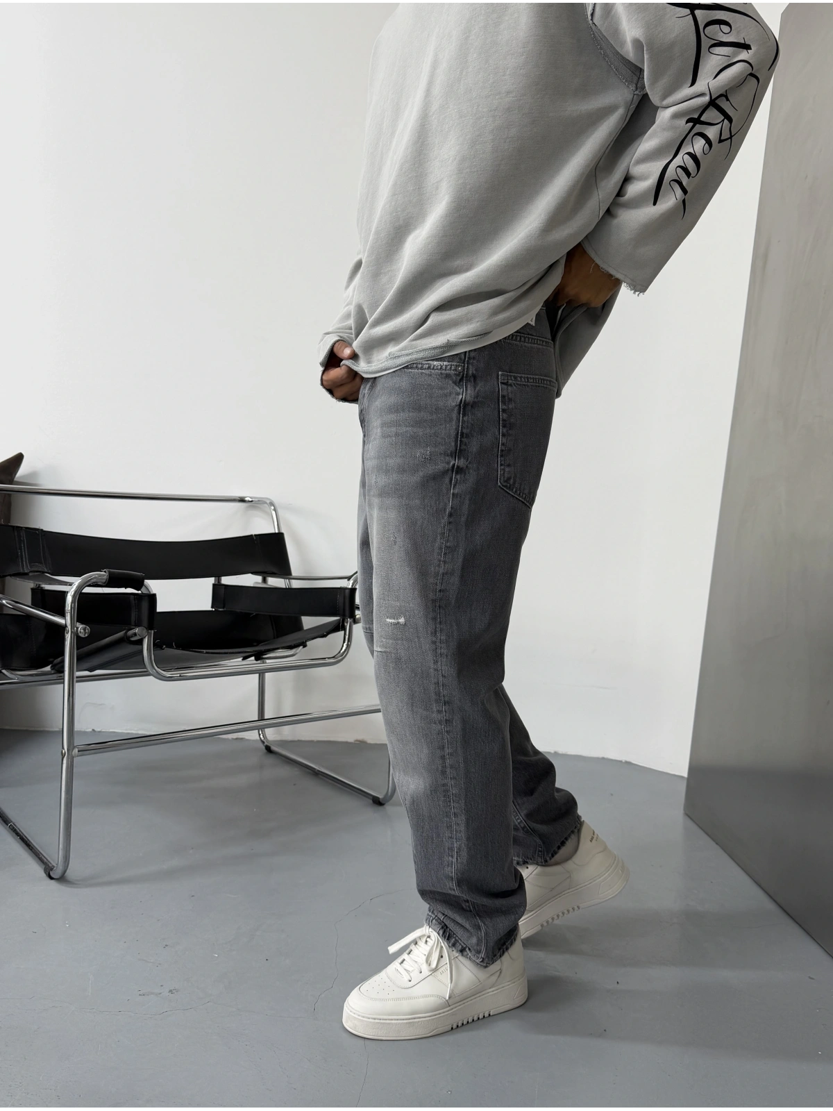 Gri Eskitme Bol Kalıp Baggy Jean