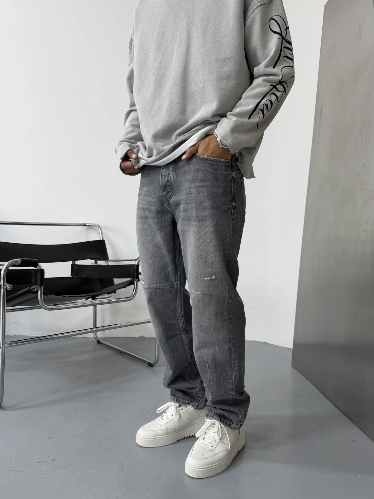 Gri Eskitme Bol Kalıp Baggy Jean