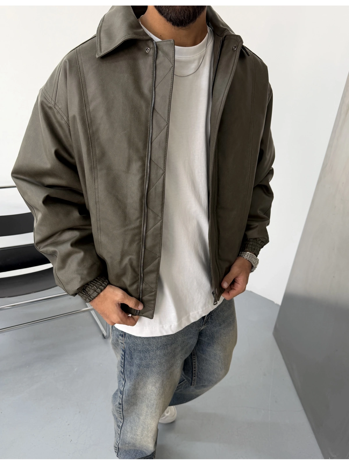 Haki Oversize İçi Astarlı Şişme Deri Ceket