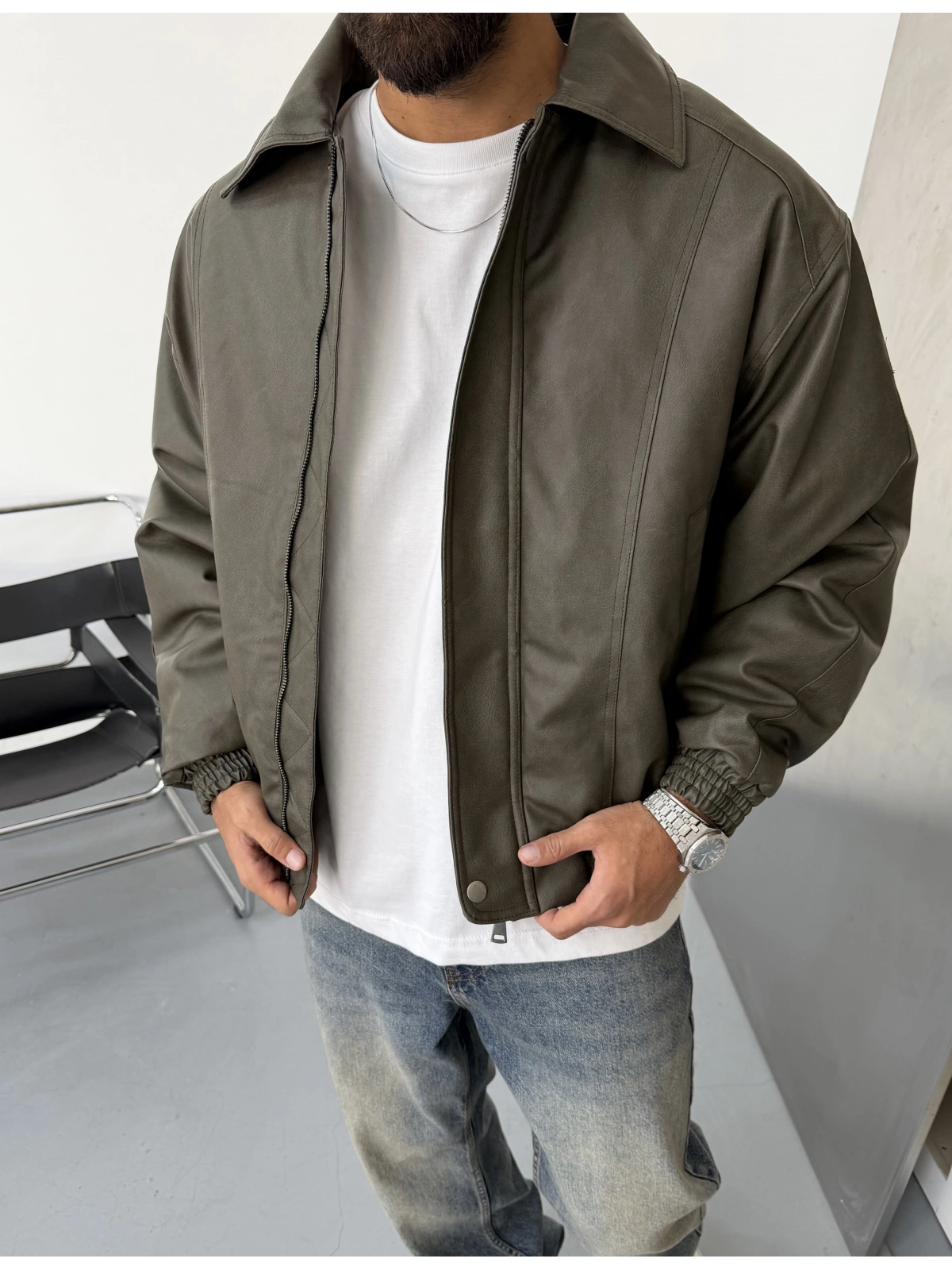 Haki Oversize İçi Astarlı Şişme Deri Ceket