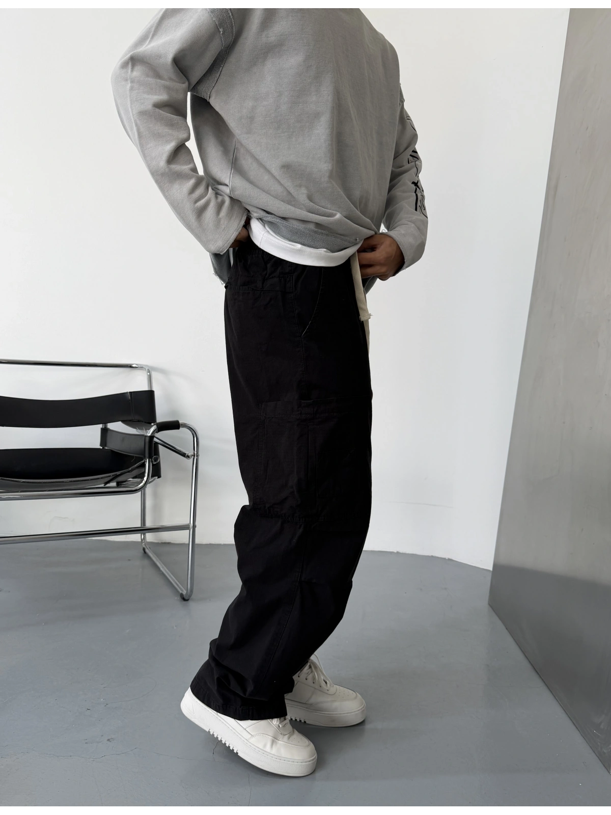 Siyah Premium Gabardin Kargo Cepli Baggy