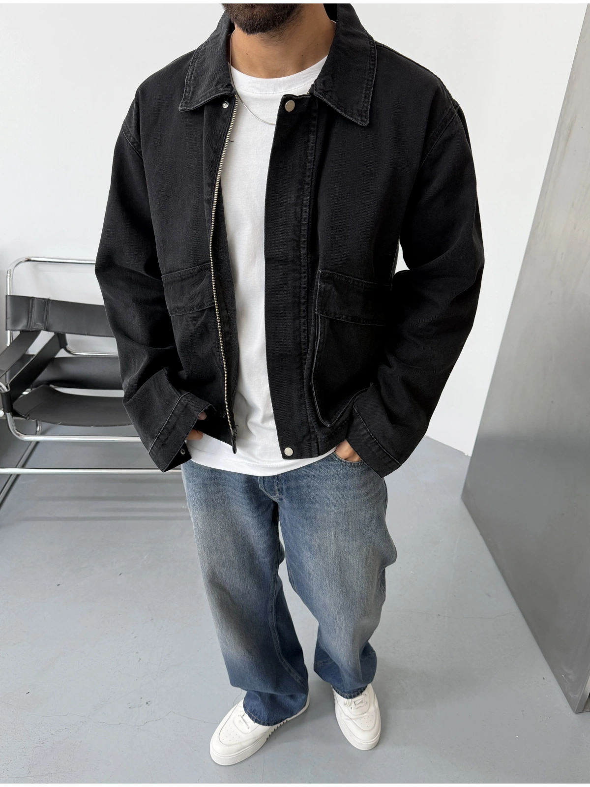 Siyah Eskitme Oversize Cepli Denim Ceket