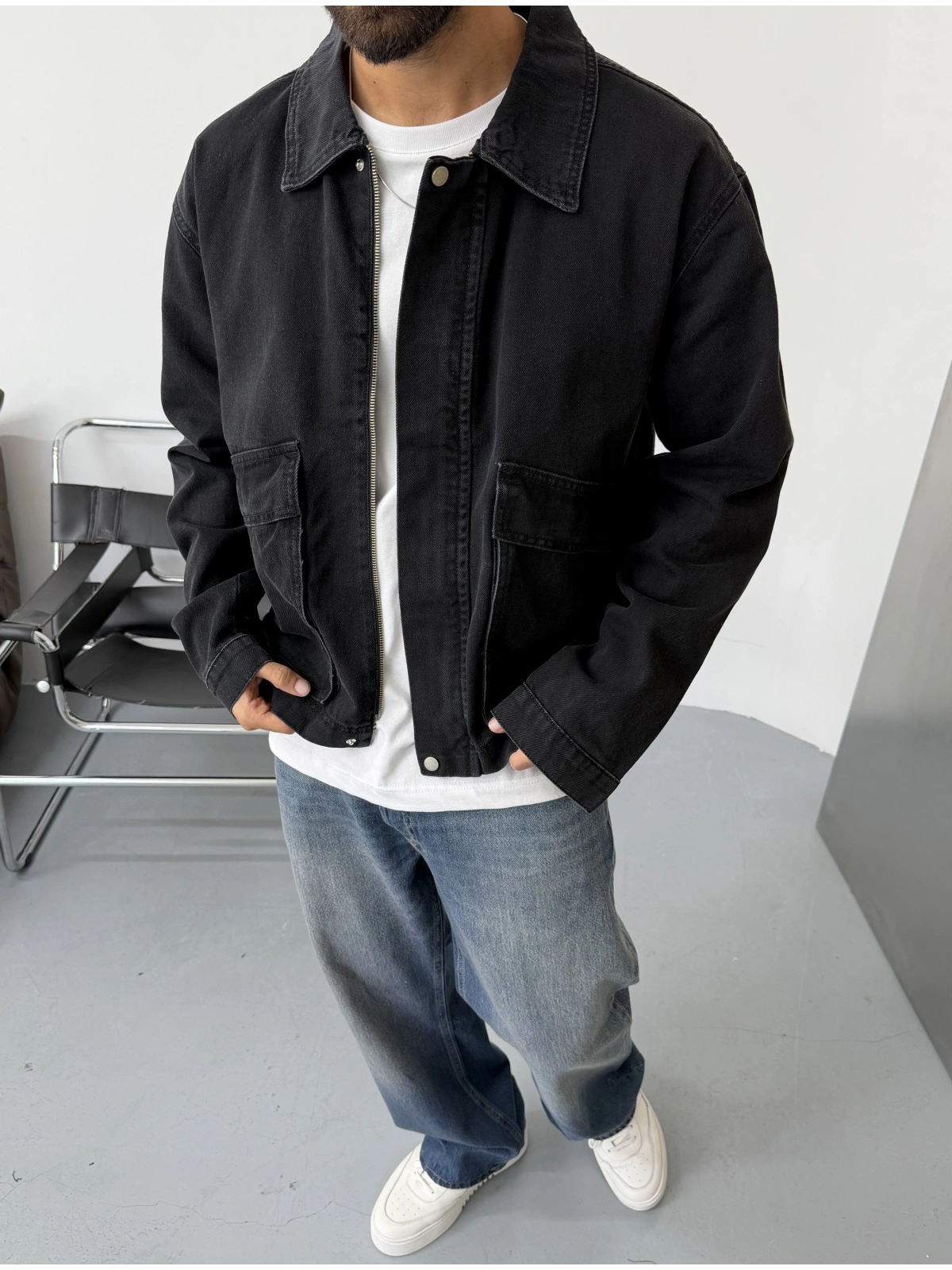 Siyah Eskitme Oversize Cepli Denim Ceket