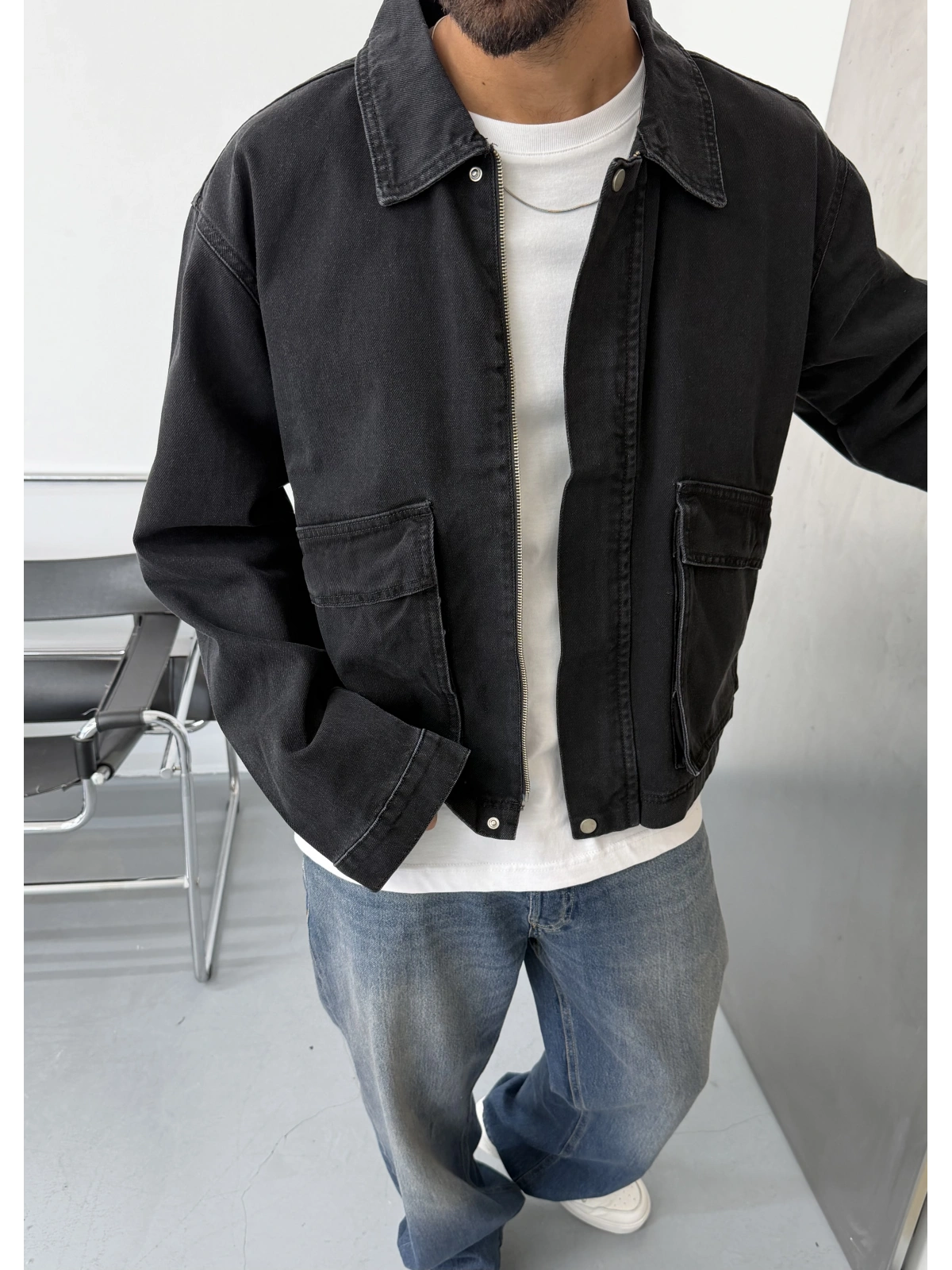 Siyah Eskitme Oversize Cepli Denim Ceket