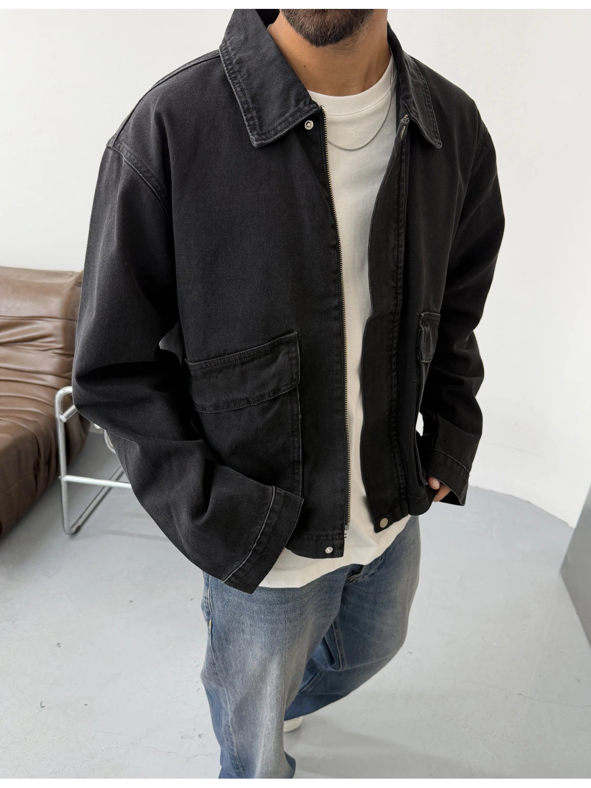 Siyah Eskitme Oversize Cepli Denim Ceket