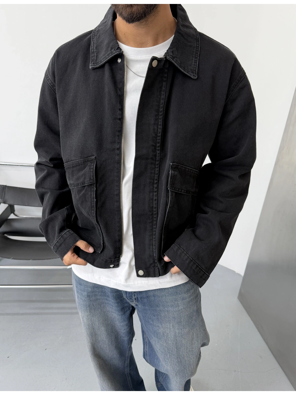 Siyah Eskitme Oversize Cepli Denim Ceket