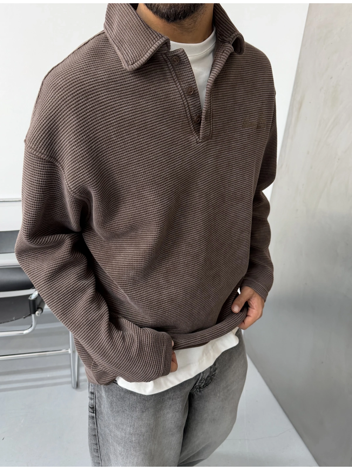 Kahve Gofre Polo Yaka Oversize Sweat