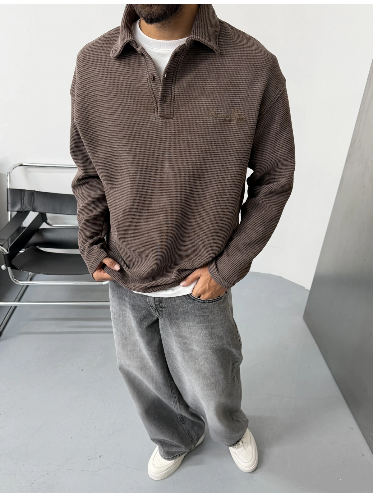 Kahve Gofre Polo Yaka Oversize Sweat