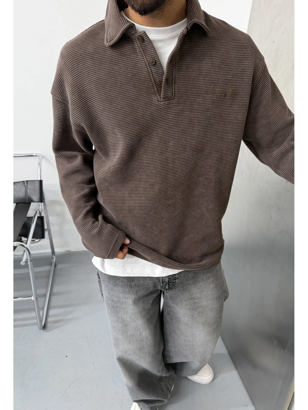 Kahve Gofre Polo Yaka Oversize Sweat