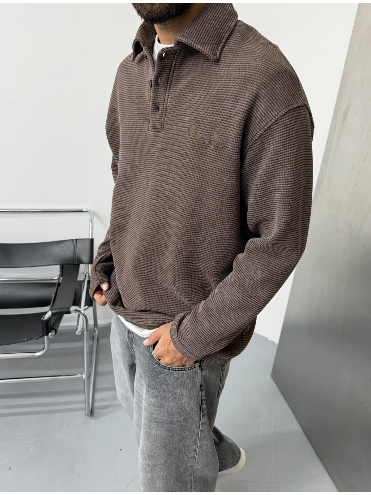 Kahve Gofre Polo Yaka Oversize Sweat