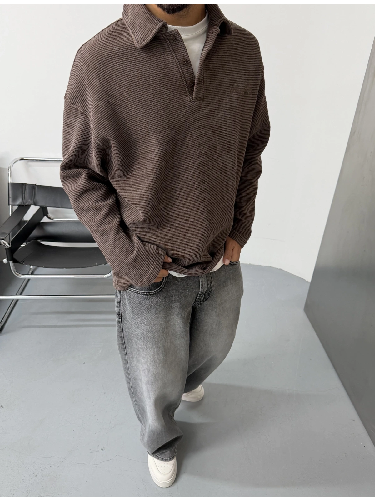 Kahve Gofre Polo Yaka Oversize Sweat