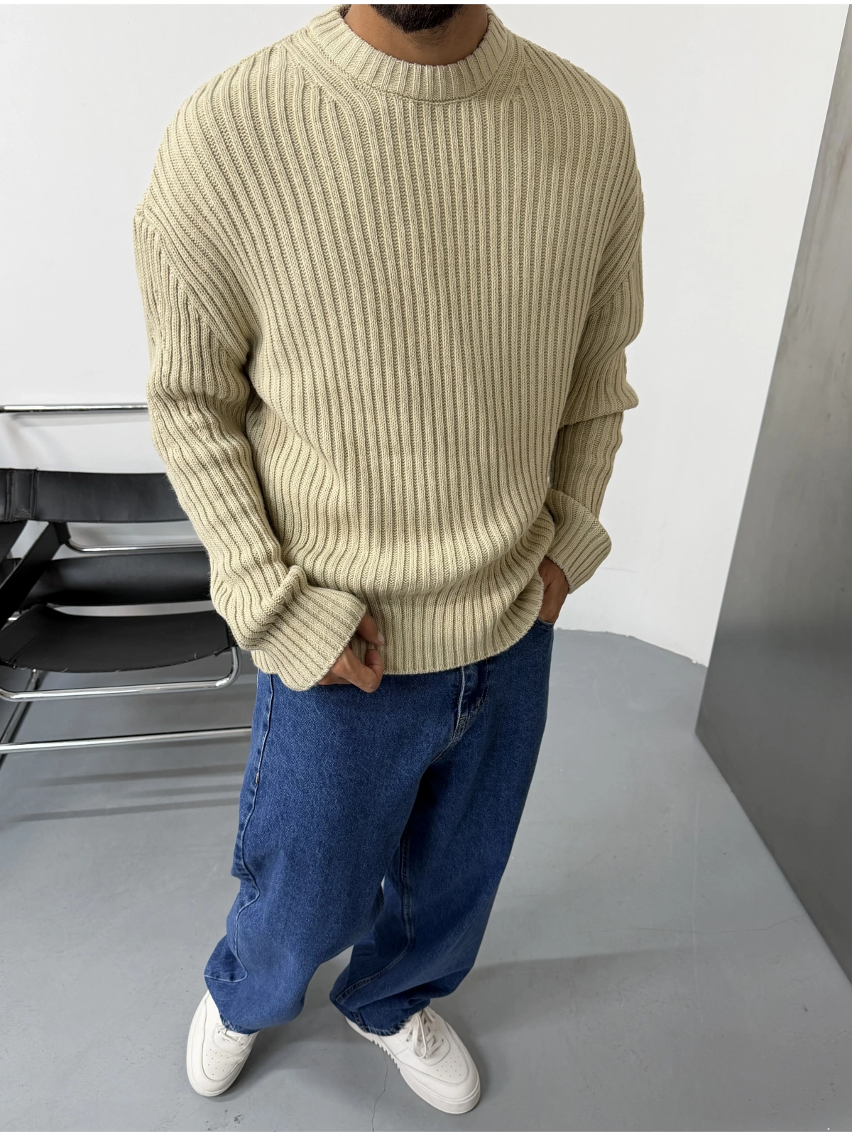 Krem Premium Oversize Fit Triko Kazak