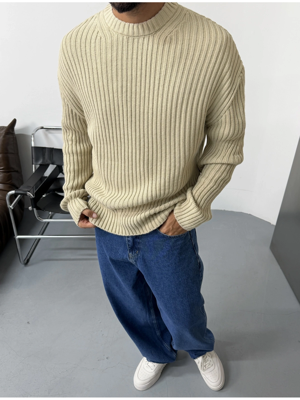 Krem Premium Oversize Fit Triko Kazak