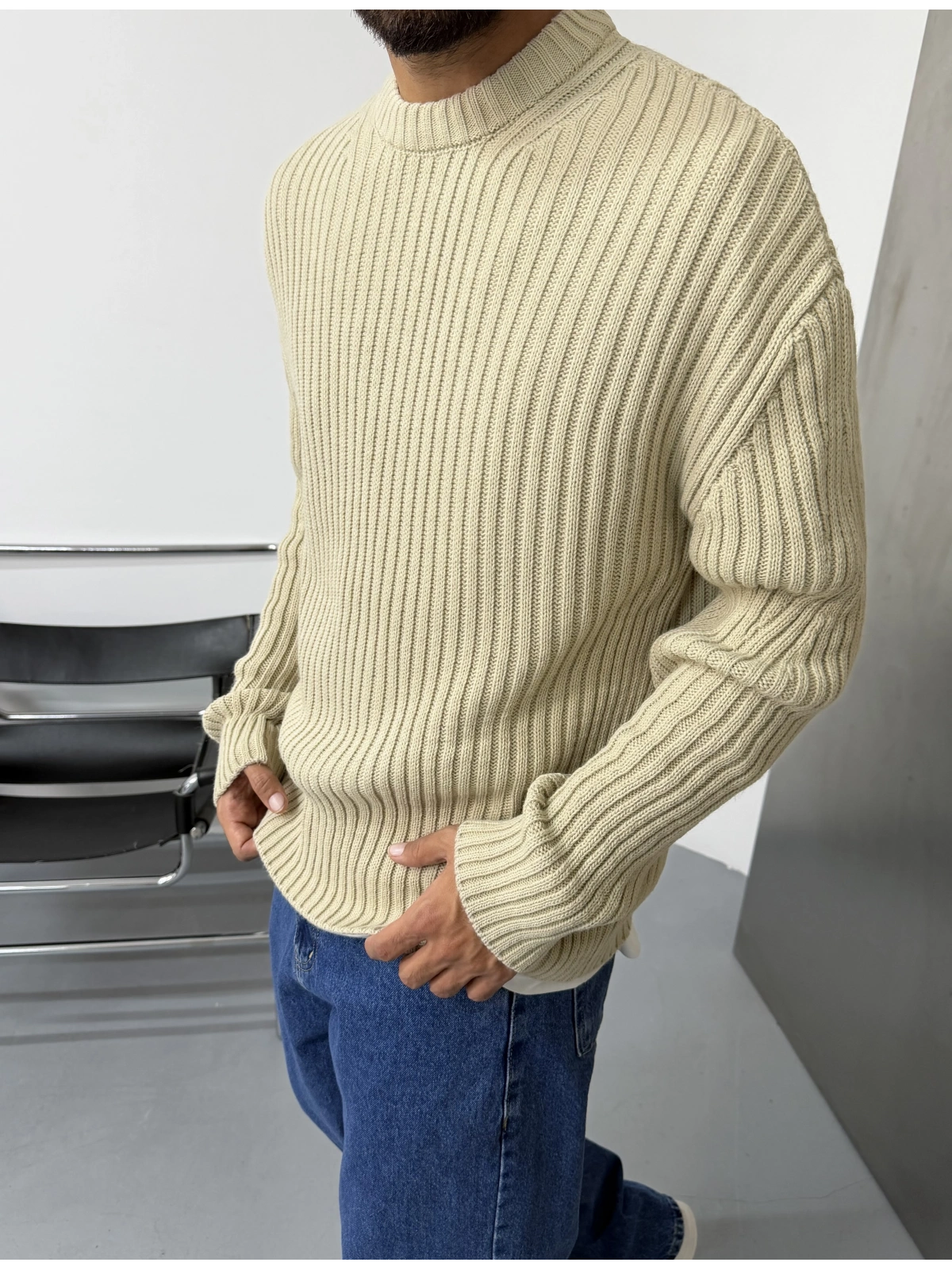 Krem Premium Oversize Fit Triko Kazak