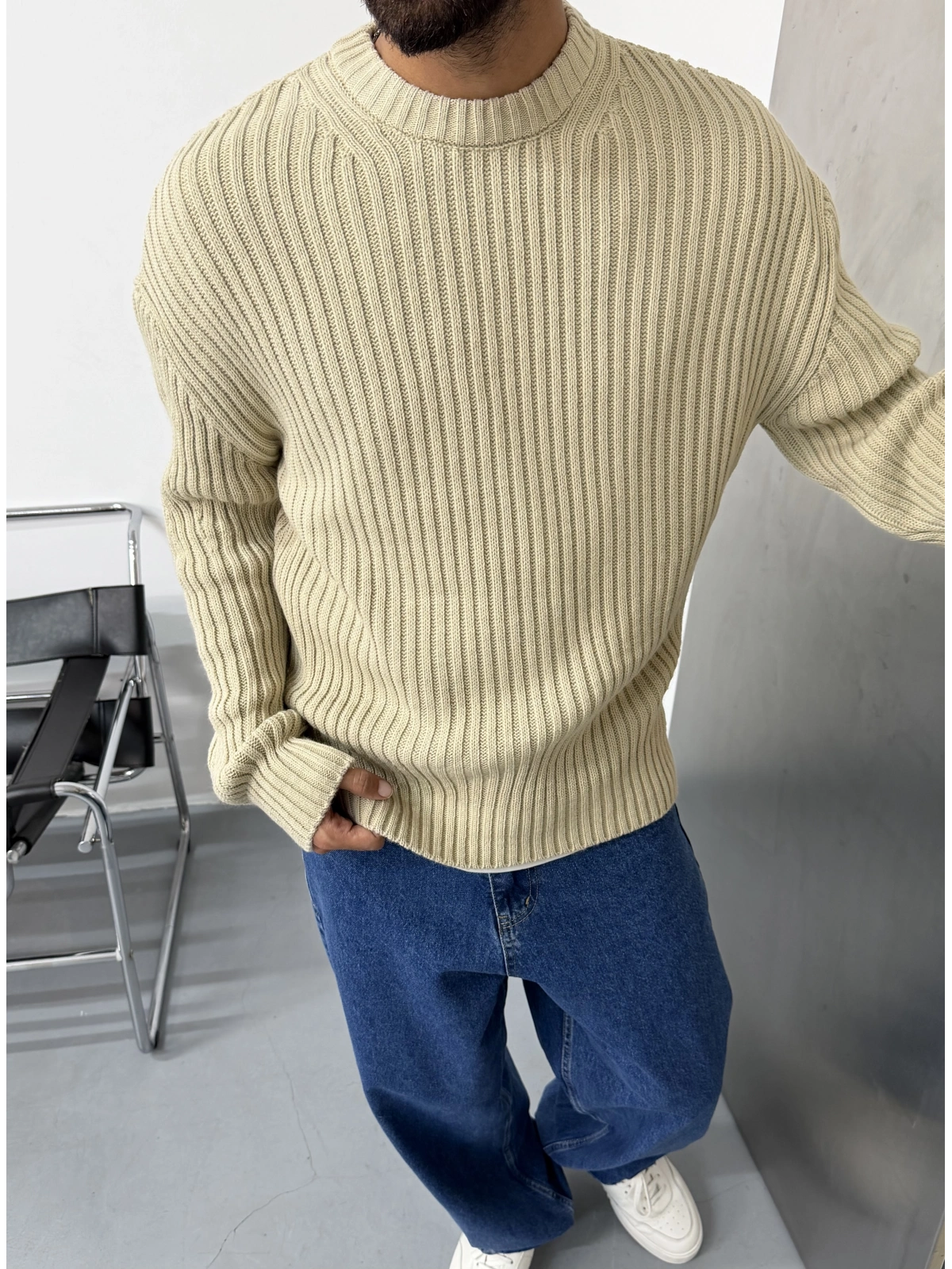 Krem Premium Oversize Fit Triko Kazak