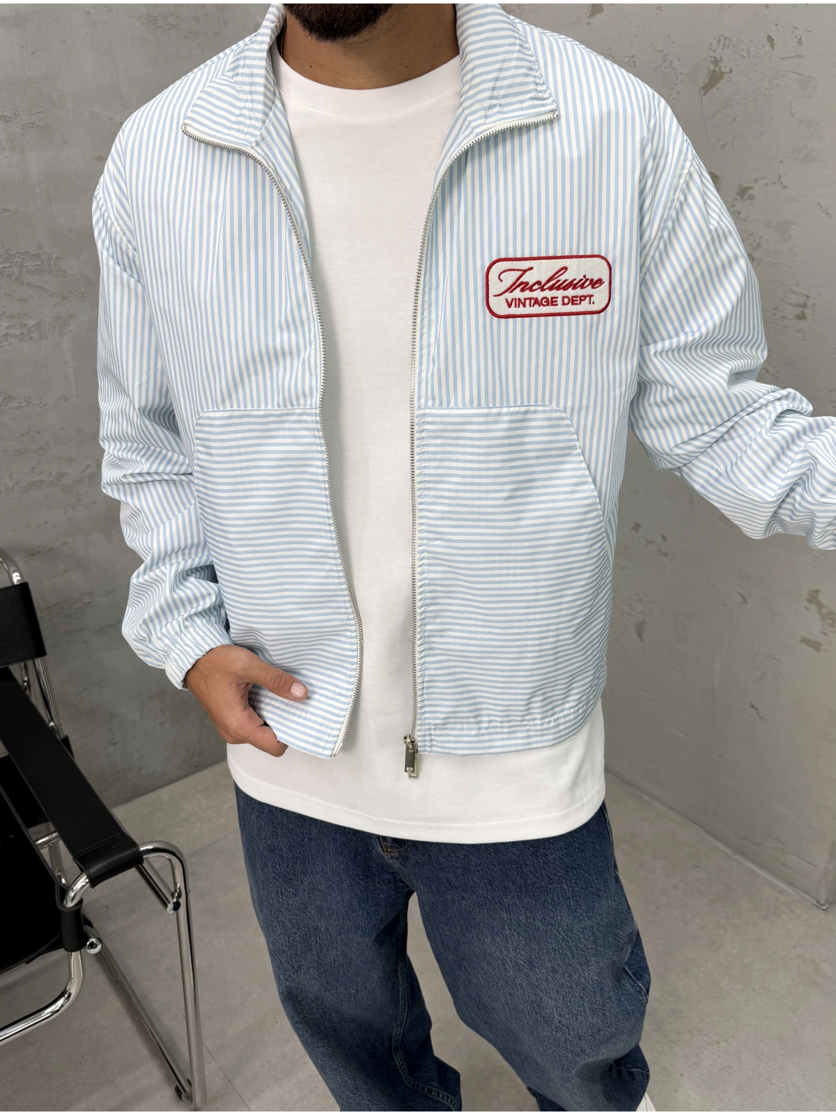 Mavi Çizgili Fermuarlı Oversize Ceket