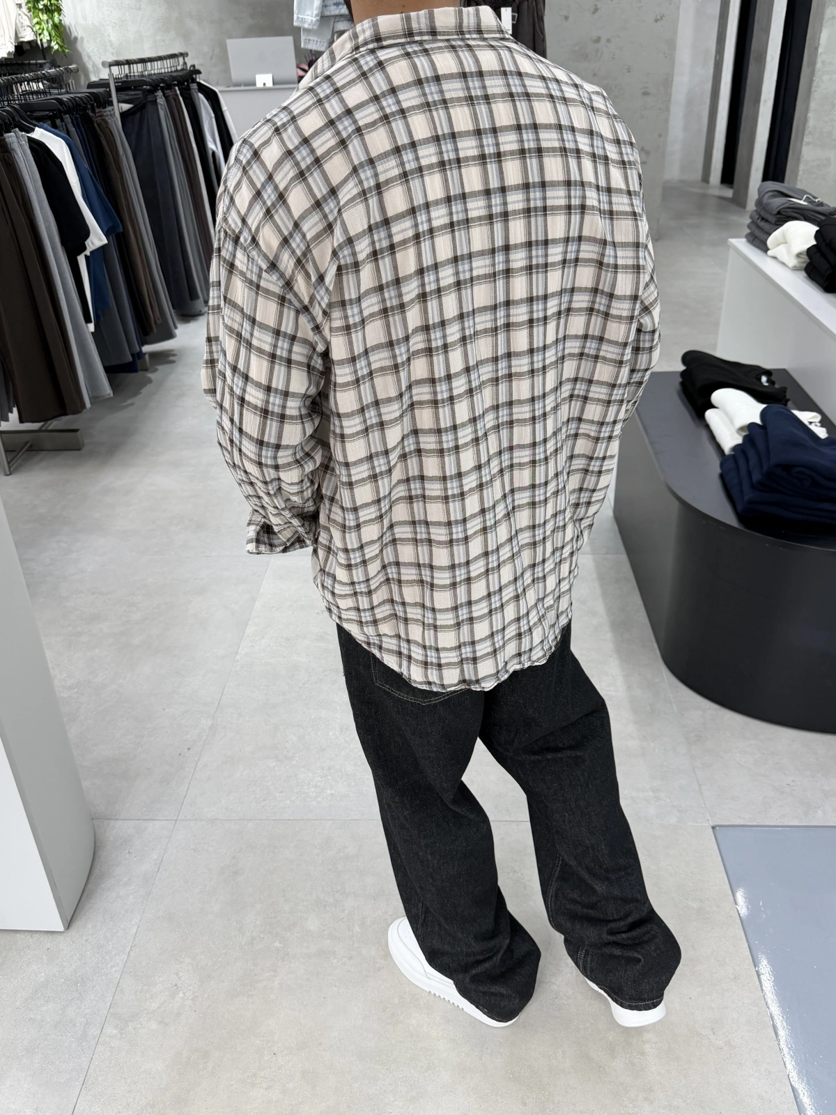 Bej Kareli Pamuk Kumaş Oversize Gömlek