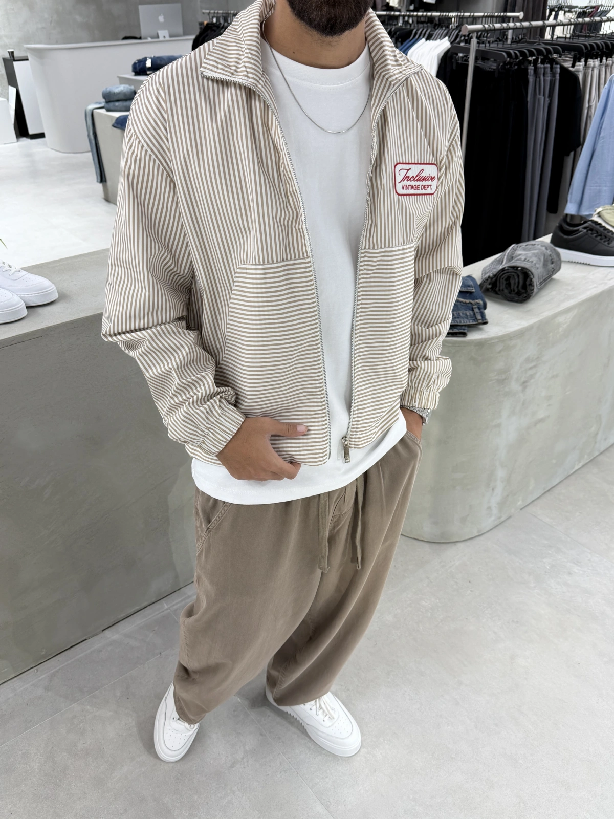 Bej Çizgili Fermuarlı Oversize Ceket