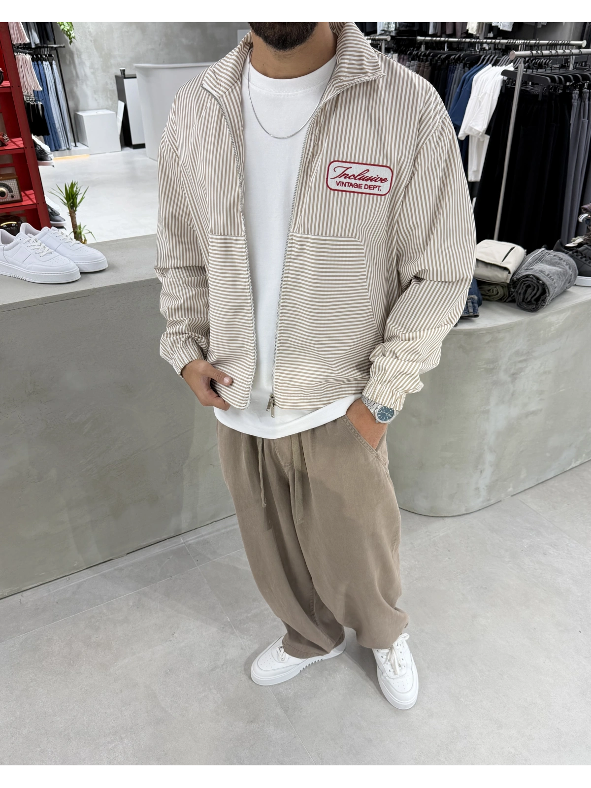 Bej Çizgili Fermuarlı Oversize Ceket