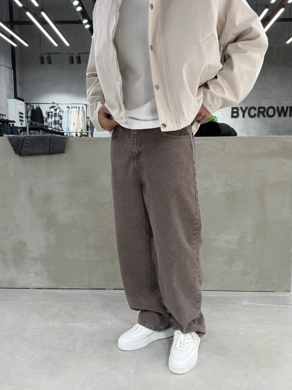 Kahve Yıkamalı Bol Kalıp Baggy Jean