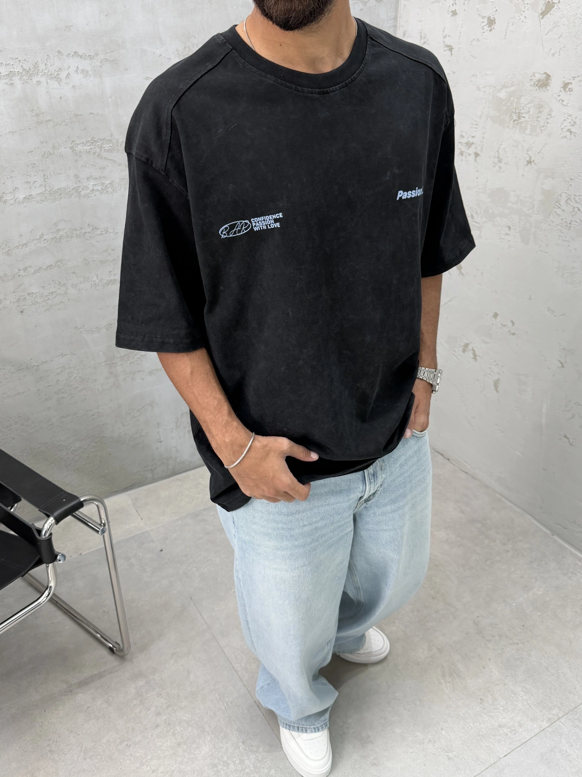 Passion Siyah Yıkamalı Oversize T-Shirt
