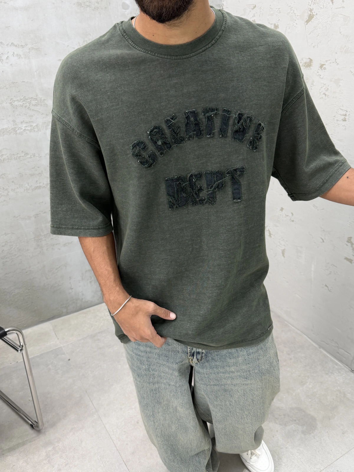 Haki Yıkamalı Denim Kabartmalı Oversize T-Shirt