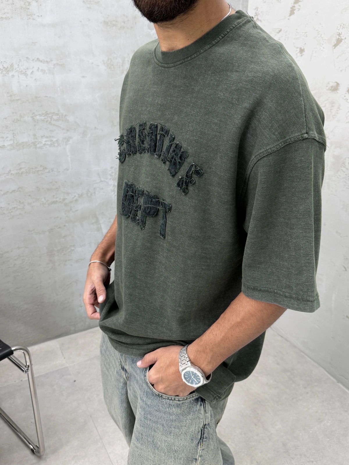 Haki Yıkamalı Denim Kabartmalı Oversize T-Shirt