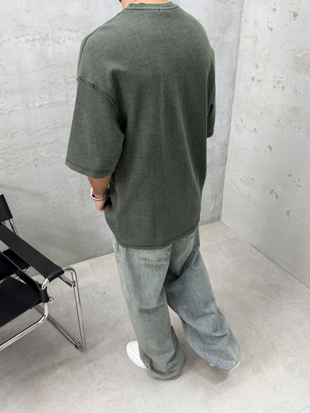 Haki Yıkamalı Denim Kabartmalı Oversize T-Shirt