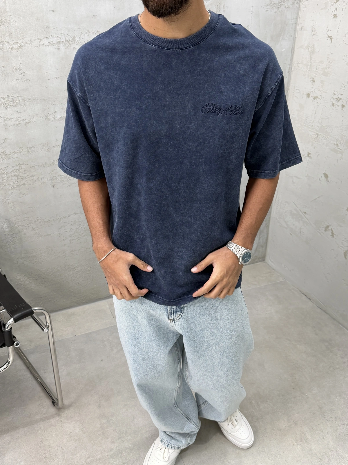 Lacivert Yıkamalı 33 İşlemeli Oversize T-Shirt