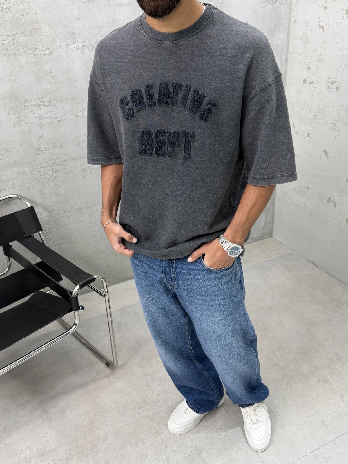 Antrasit Yıkamalı Denim Kabartmalı Oversize T-Shirt