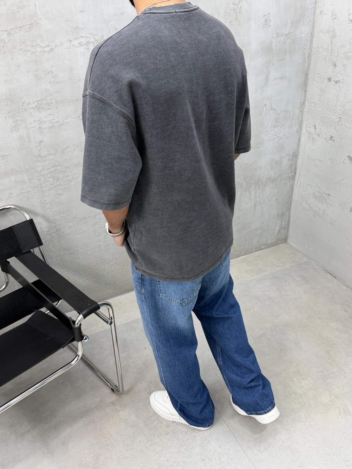 Antrasit Yıkamalı Denim Kabartmalı Oversize T-Shirt