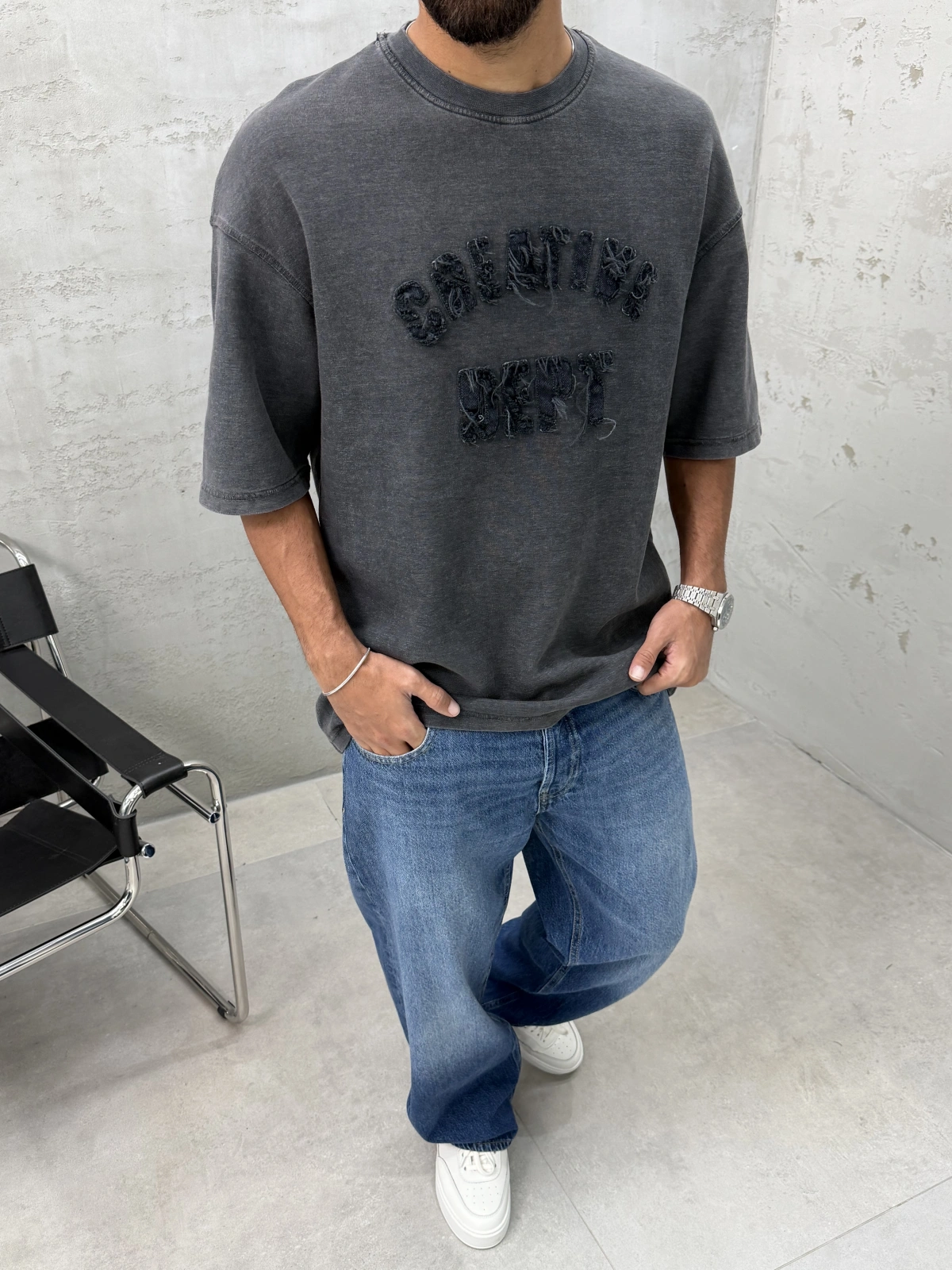 Antrasit Yıkamalı Denim Kabartmalı Oversize T-Shirt