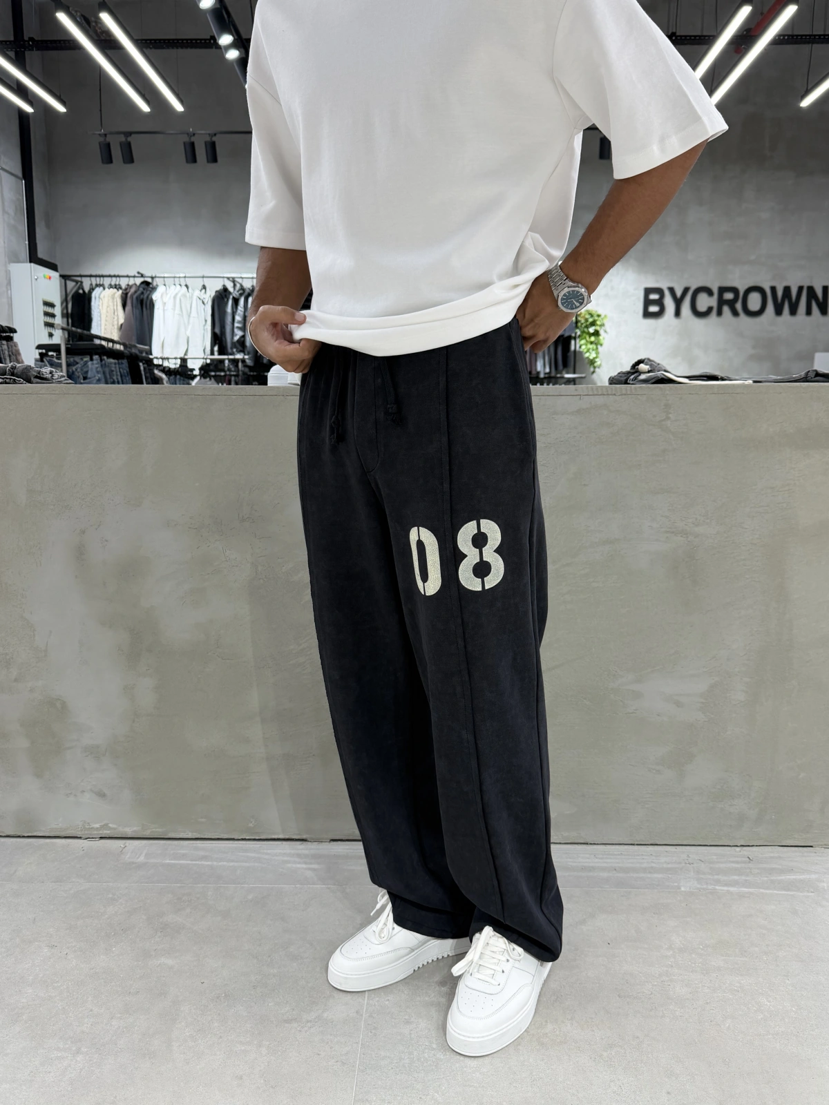 Siyah 08 Yıkamalı Bol Kalıp Baggy Eşofman