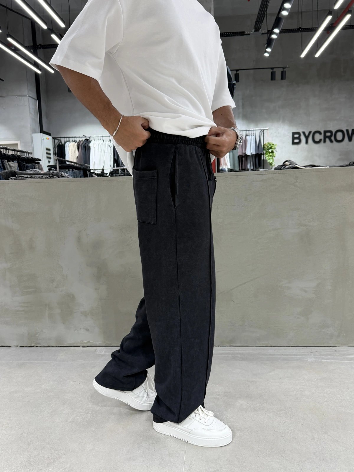 Siyah 08 Yıkamalı Bol Kalıp Baggy Eşofman