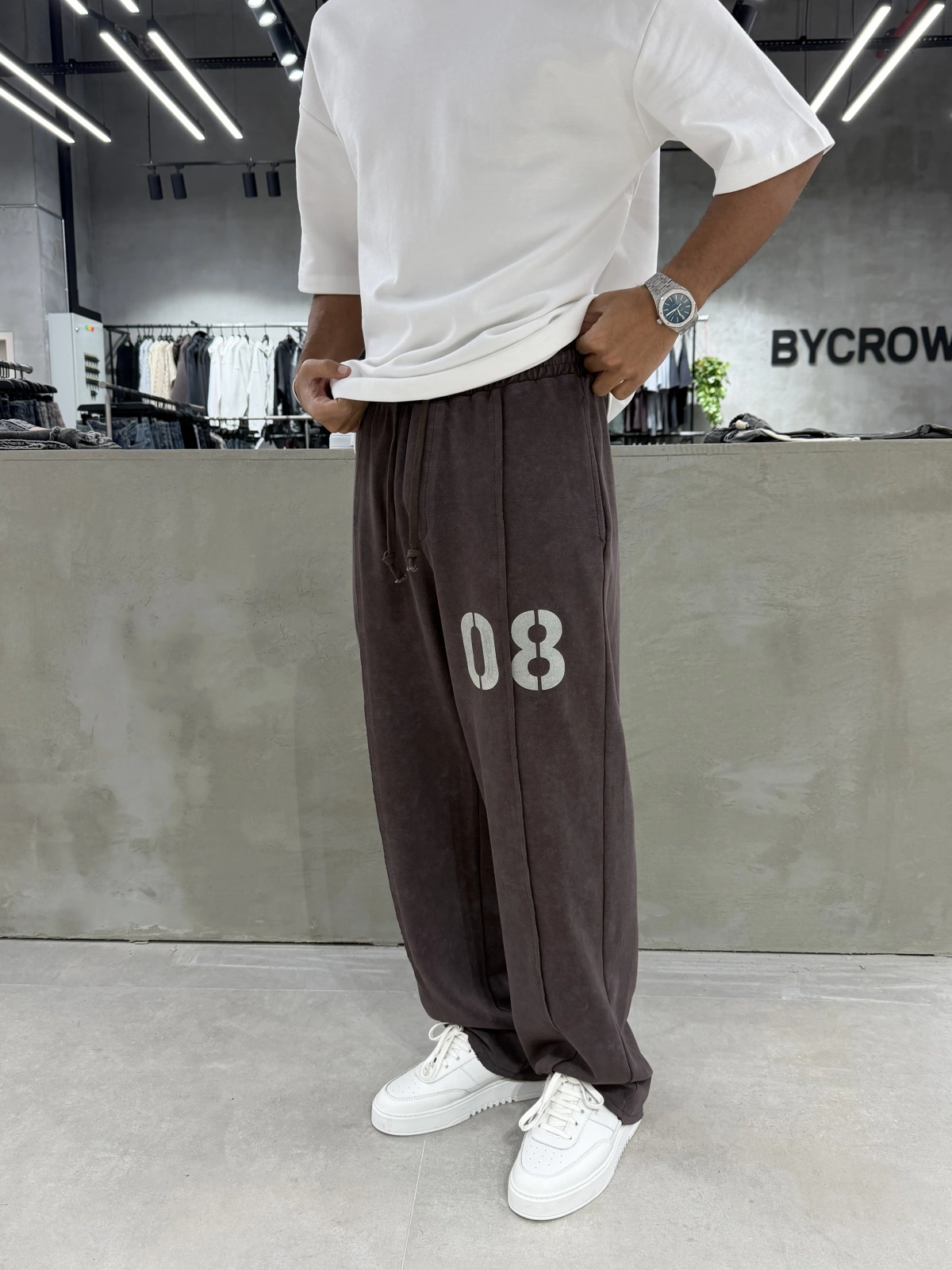 Kahve 08 Yıkamalı Bol Kalıp Baggy Eşofman